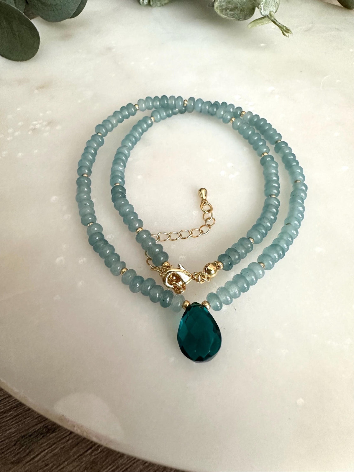Light Teal Jade Beaded Necklace with Teal Quartz Drop Pendant
