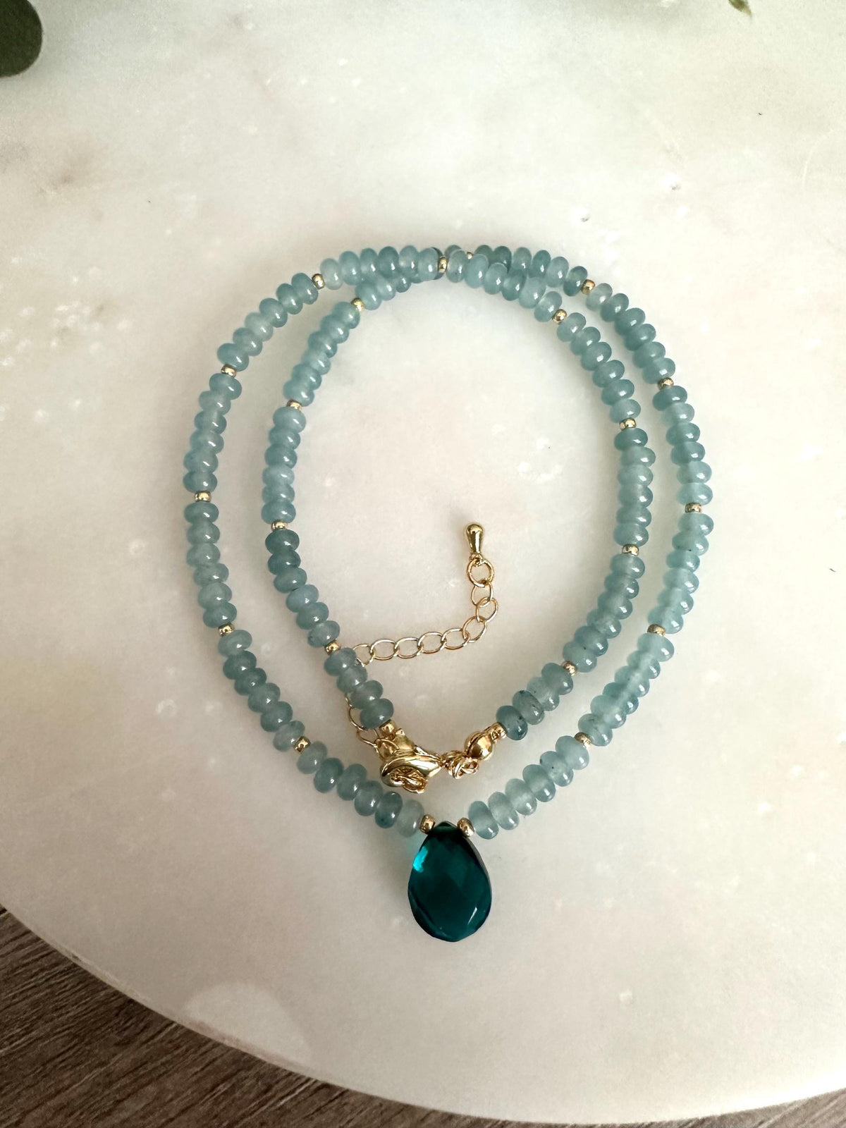 Light Teal Jade Beaded Necklace with Teal Quartz Drop Pendant