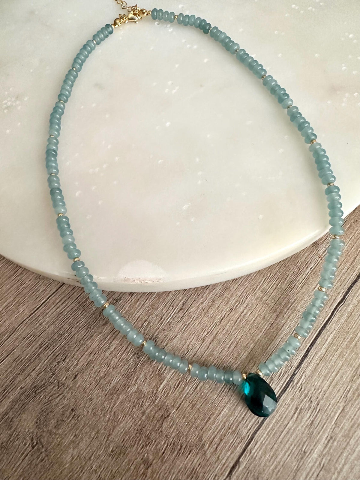 Light Teal Jade Beaded Necklace with Teal Quartz Drop Pendant