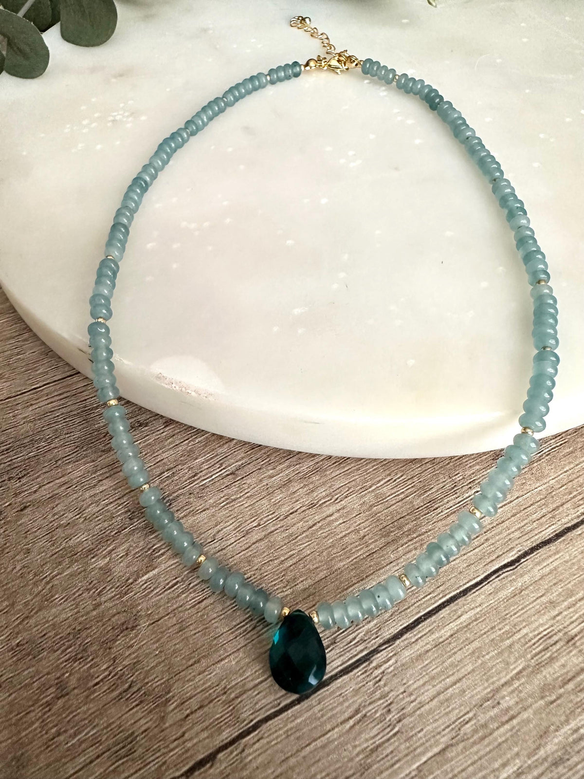 Light Teal Jade Beaded Necklace with Teal Quartz Drop Pendant