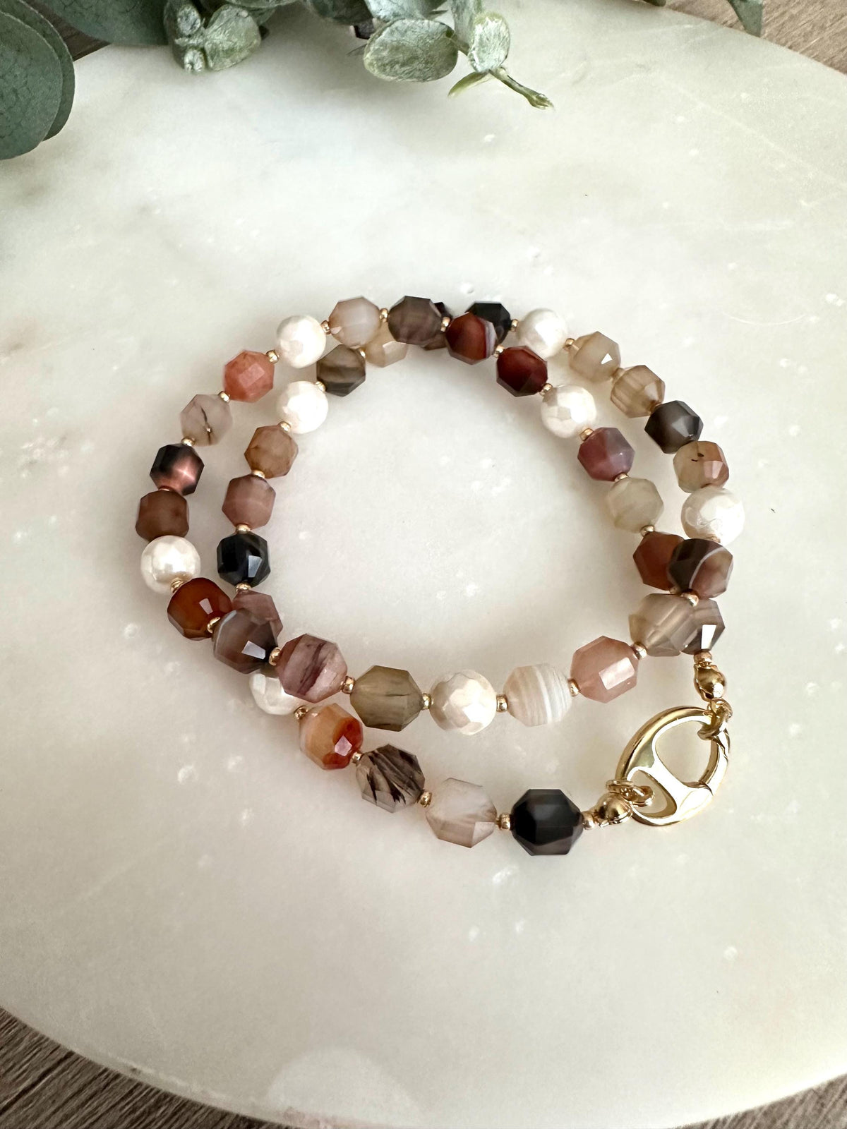 Brown Banded Agate Beaded Necklace with Faceted Shell Pearls