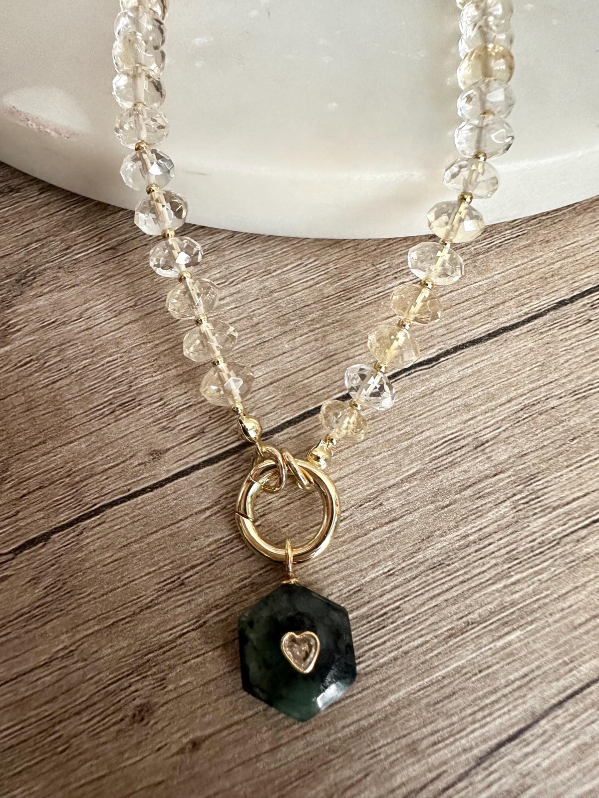Citrine Gemstone Necklace with Emerald Heart Inlay Pendant, Gold Carabiner Clasp, Handmade Jewelry