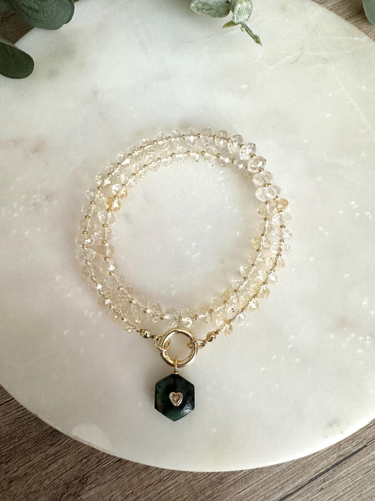 Citrine Gemstone Necklace with Emerald Heart Inlay Pendant, Gold Carabiner Clasp, Handmade Jewelry