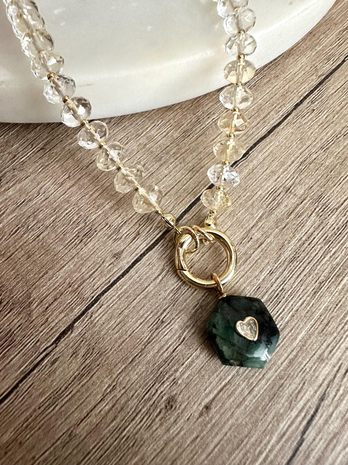 Citrine Gemstone Necklace with Emerald Heart Inlay Pendant, Gold Carabiner Clasp, Handmade Jewelry