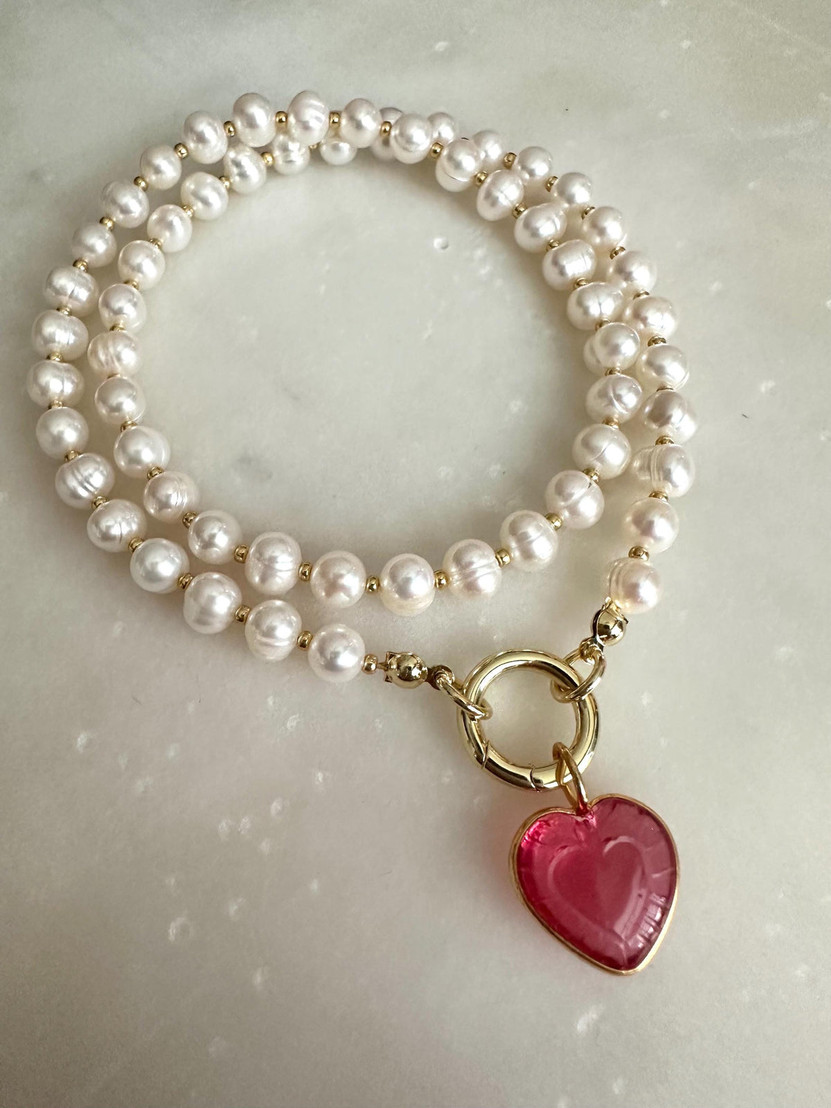 Freshwater Pearl Necklace with Pink Heart Charm, Gold Carabiner Clasp, Valentine’s Day Romantic Jewelry Gift