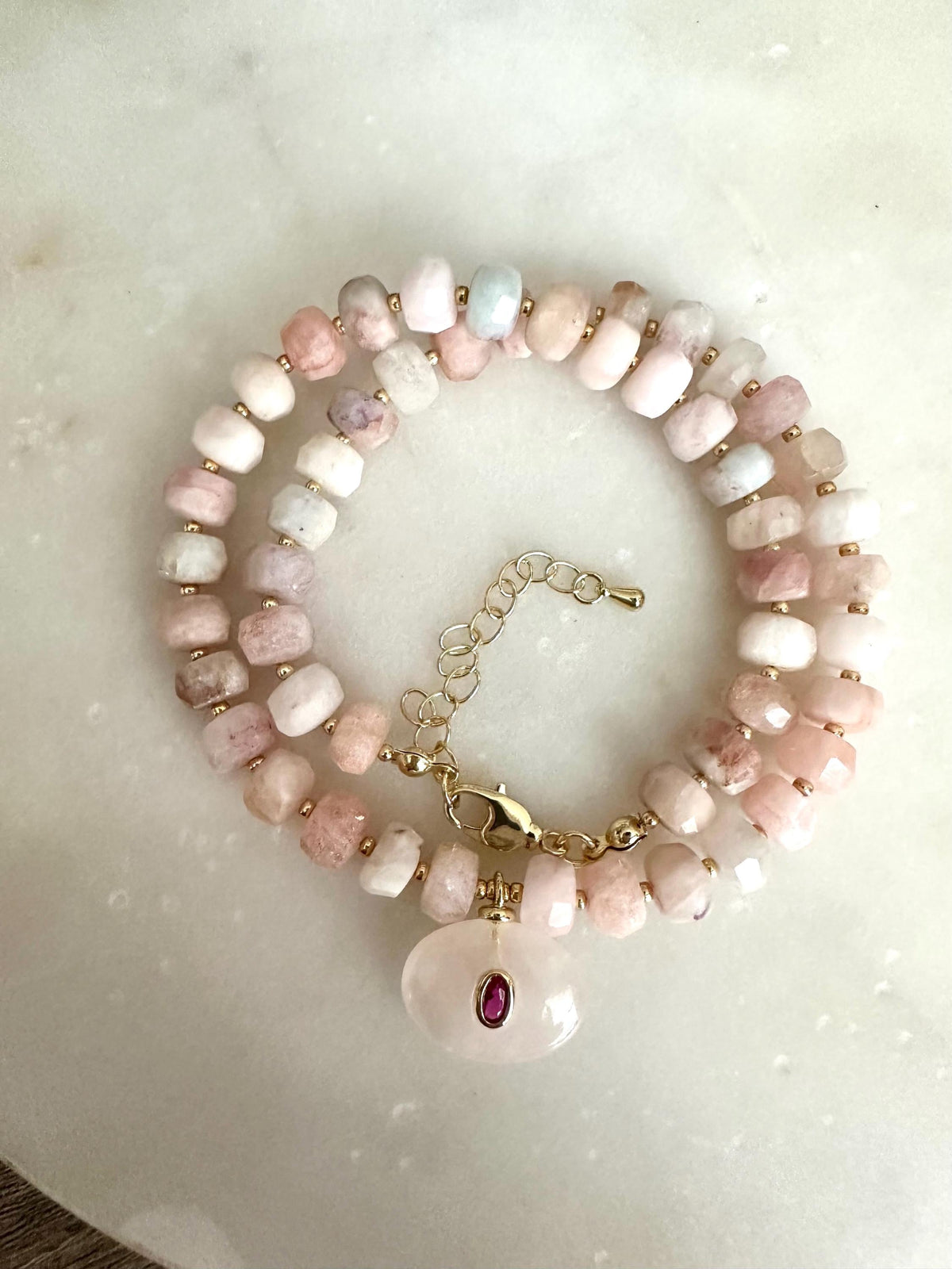 Morganite and Rose Quartz Necklace, Pink Gemstone Beaded Necklace, Handmade Romantic Jewelry, Gold Filled, Gift for Her