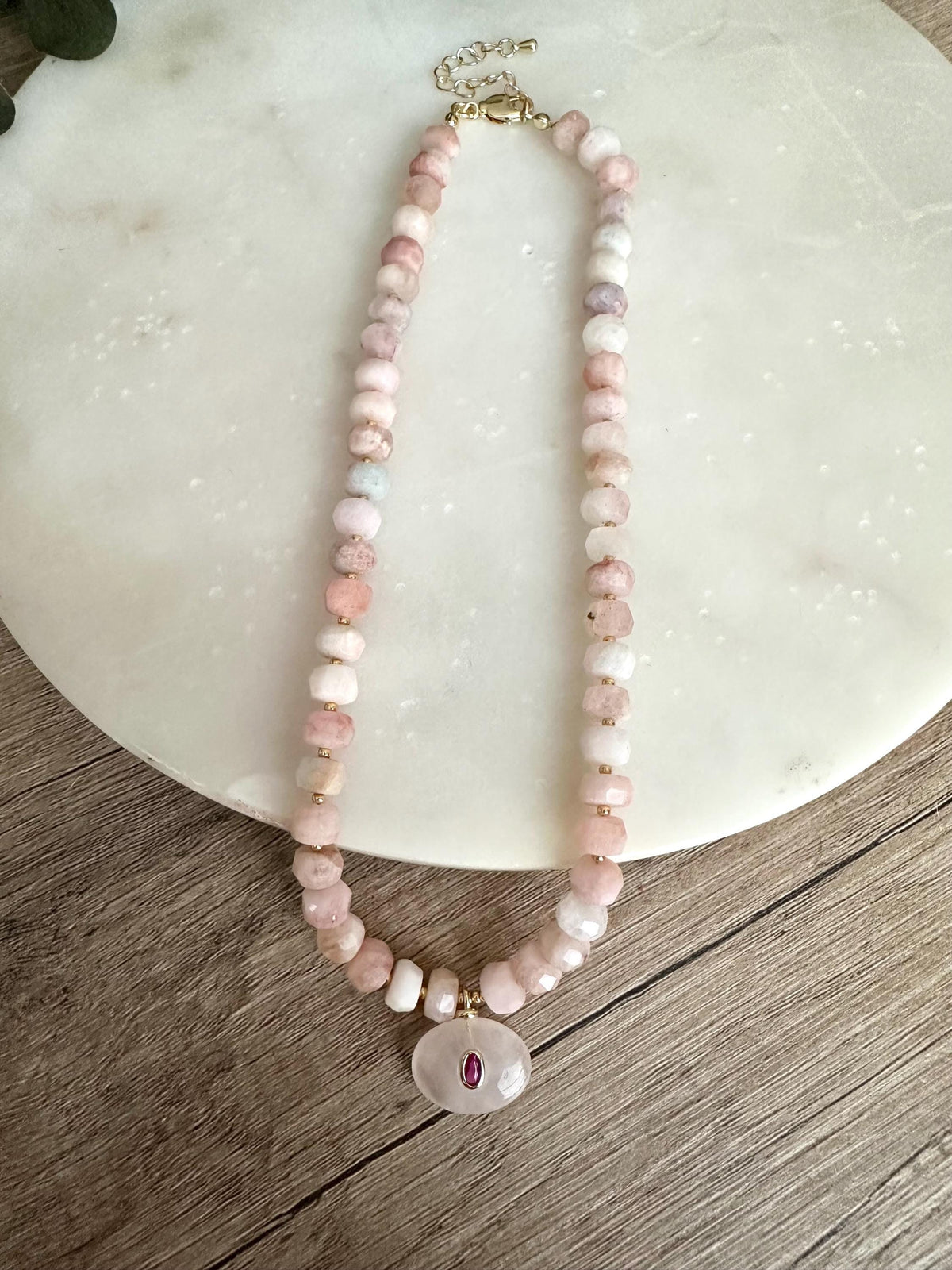 Morganite and Rose Quartz Necklace, Pink Gemstone Beaded Necklace, Handmade Romantic Jewelry, Gold Filled, Gift for Her