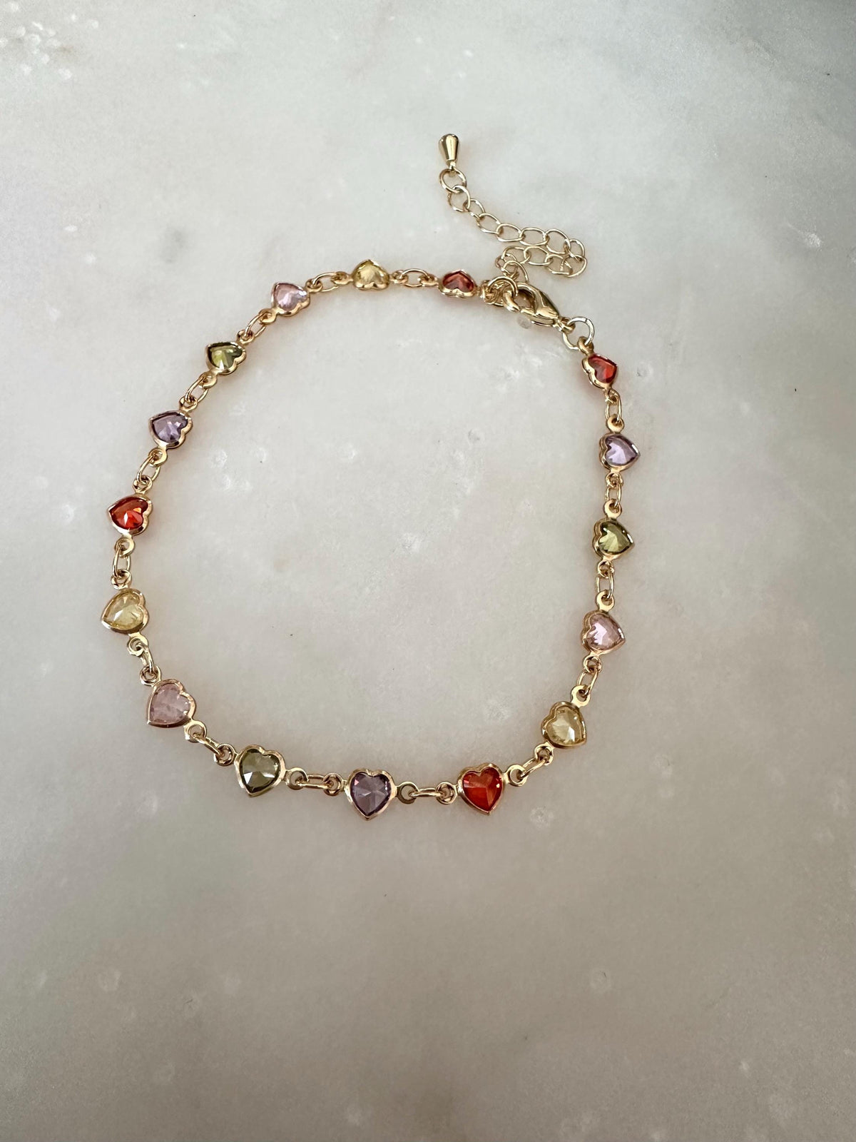 Gold Filled Multicolor CZ Heart Link Bracelet | Dainty Chain
