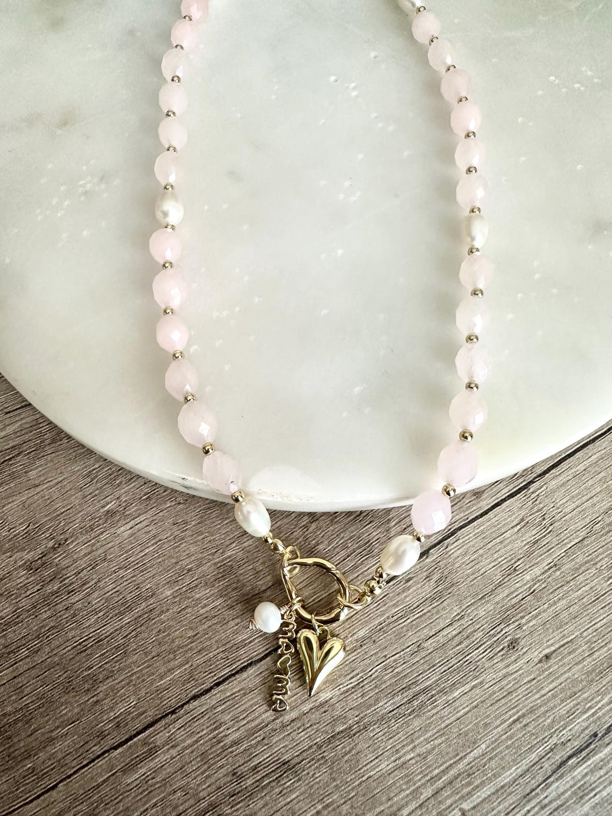Rose Jade & Freshwater Pearl Necklace, Mama Charm Necklace, Gold Filled Carabiner Necklace, Mother’s Day Gift, Handmade Jewelry