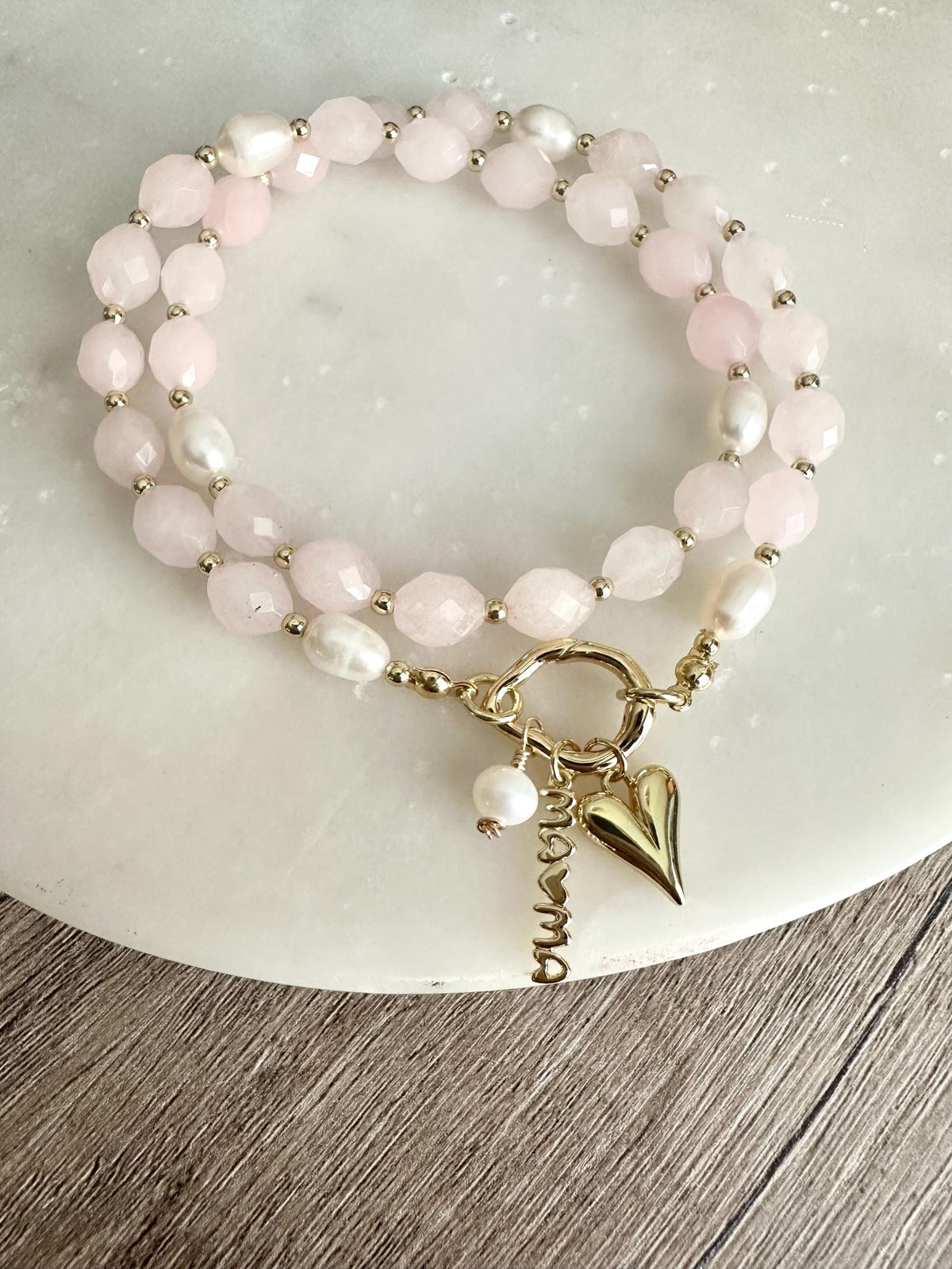 Rose Jade & Freshwater Pearl Necklace, Mama Charm Necklace, Gold Filled Carabiner Necklace, Mother’s Day Gift, Handmade Jewelry