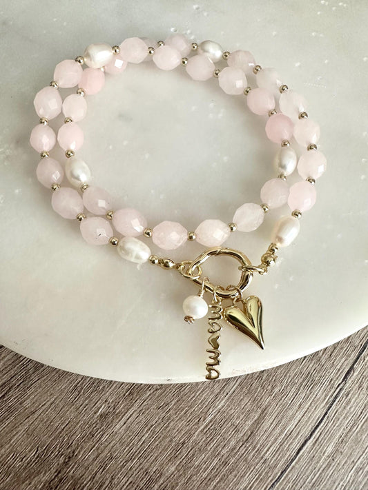 Rose Jade & Freshwater Pearl Necklace, Mama Charm Necklace, Gold Filled Carabiner Necklace, Mother’s Day Gift, Handmade Jewelry