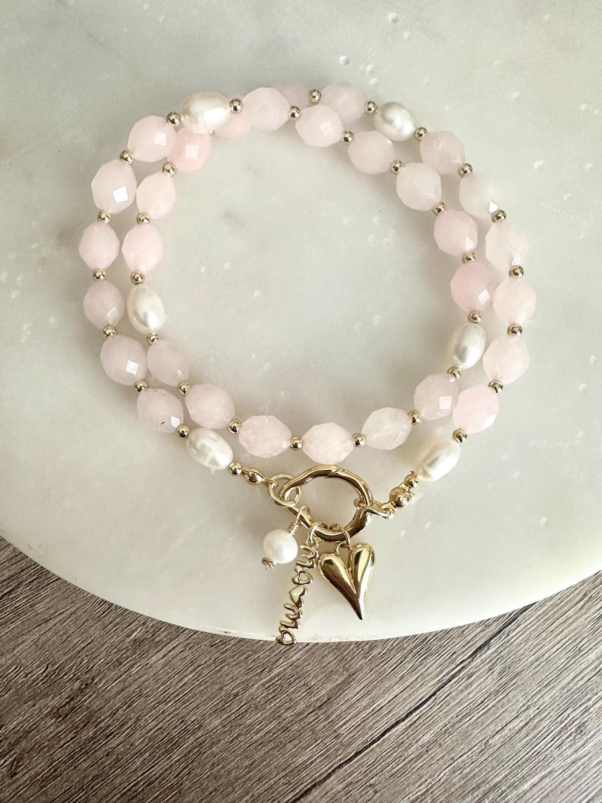 Rose Jade & Freshwater Pearl Necklace, Mama Charm Necklace, Gold Filled Carabiner Necklace, Mother’s Day Gift, Handmade Jewelry