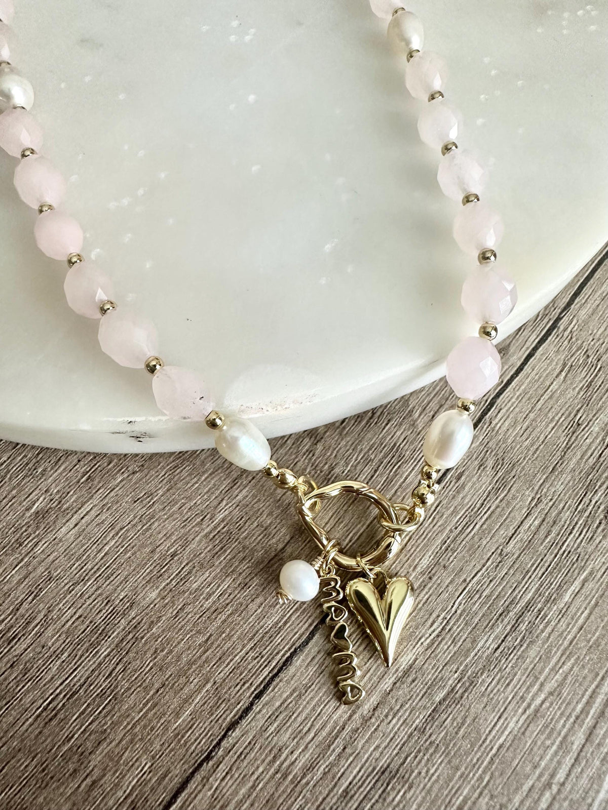 Rose Jade & Freshwater Pearl Necklace, Mama Charm Necklace, Gold Filled Carabiner Necklace, Mother’s Day Gift, Handmade Jewelry