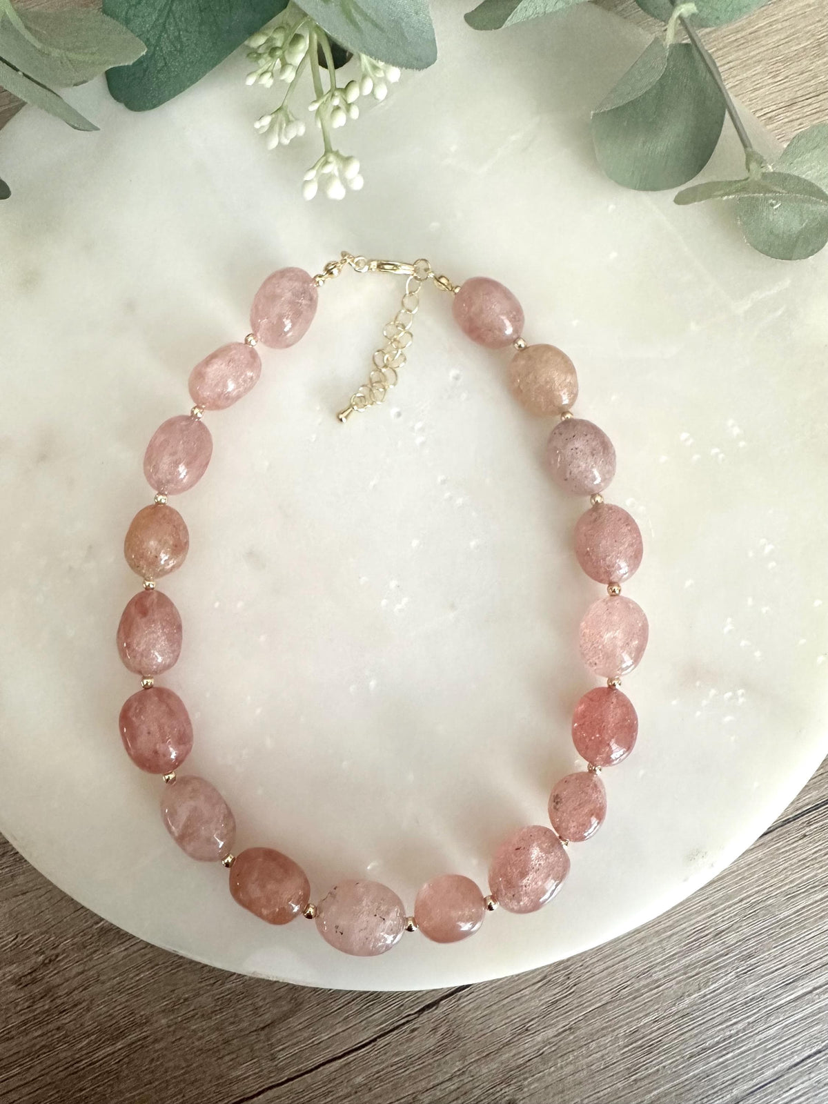 Strawberry Quartz Choker Necklace, Pink Gemstone Jewelry, Gold Filled Beaded Necklace, Everyday Minimal Necklace