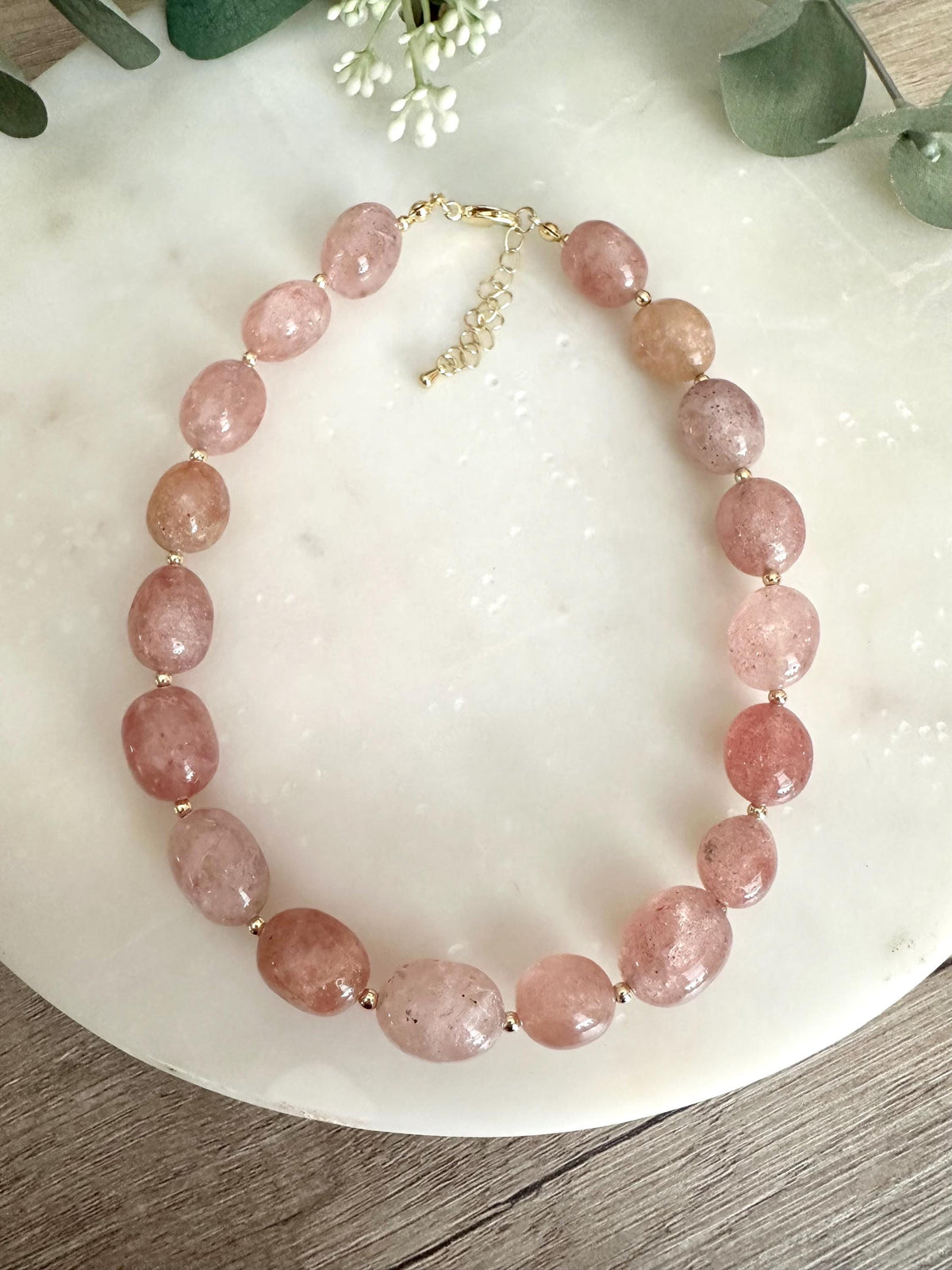 Strawberry Quartz Choker Necklace, Pink Gemstone Jewelry, Gold Filled Beaded Necklace, Everyday Minimal Necklace