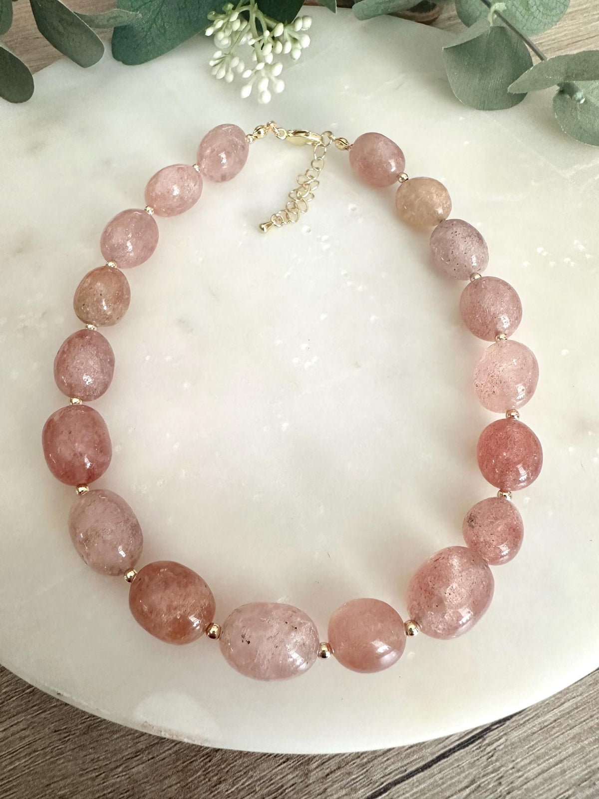 Strawberry Quartz Choker Necklace, Pink Gemstone Jewelry, Gold Filled Beaded Necklace, Everyday Minimal Necklace