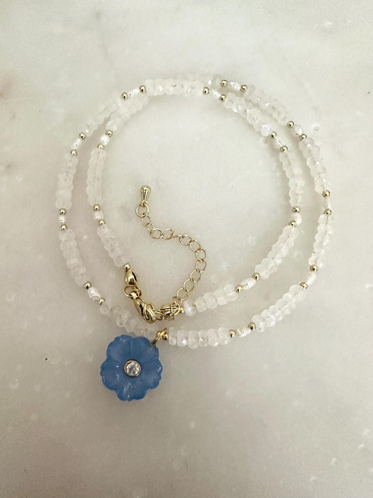 White Moonstone Necklace with Blue Opal Flower Pendant |  Gemstone Beaded Necklace