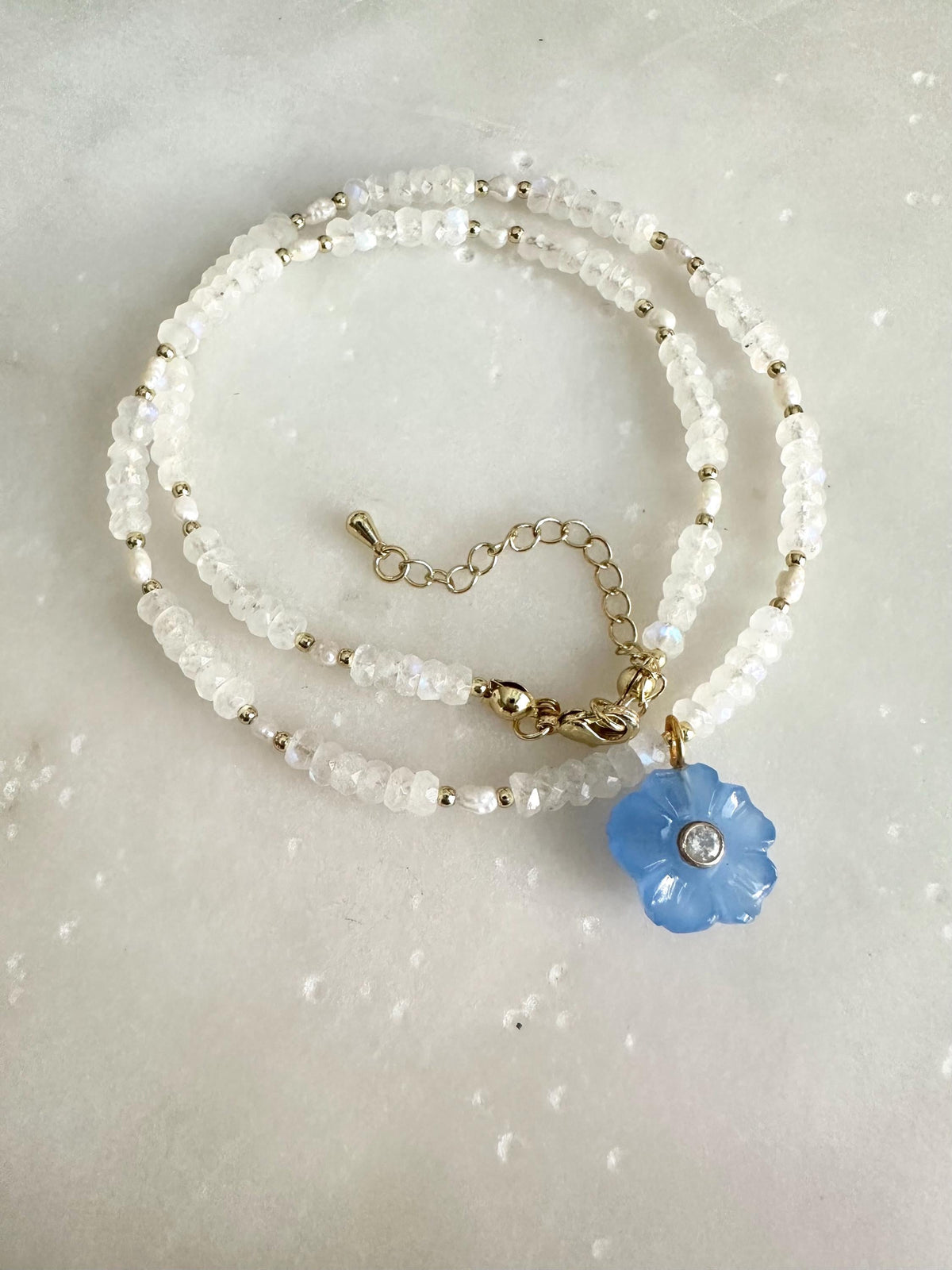 White Moonstone Necklace with Blue Opal Flower Pendant |  Gemstone Beaded Necklace