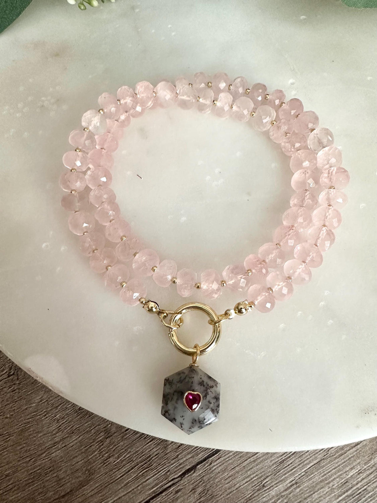Rose Quartz Micro Faceted Necklace with Dendrite Opal Pendant, Gold Filled Crystal Necklace, Romantic Gemstone Jewelry