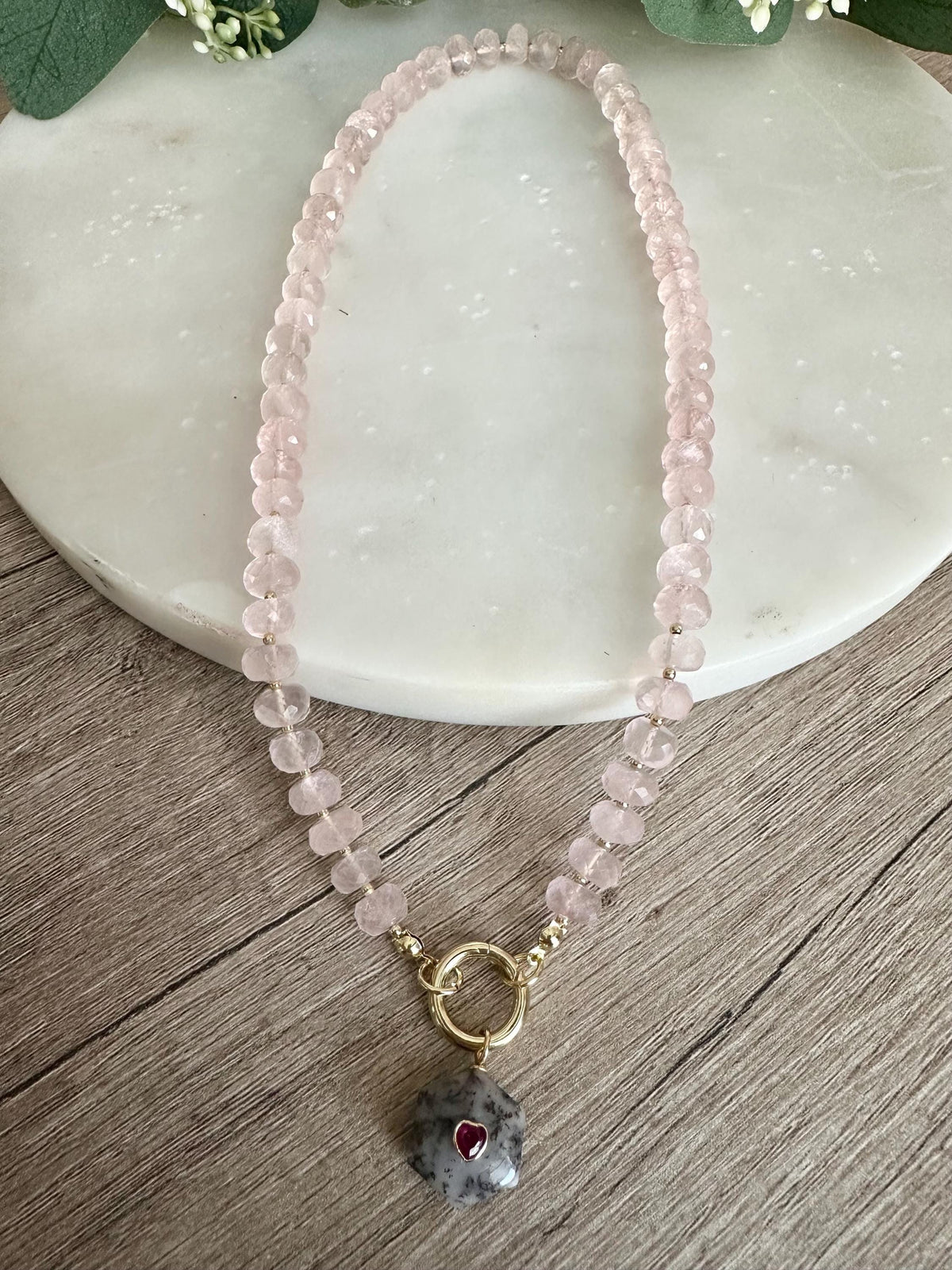 Rose Quartz Micro Faceted Necklace with Dendrite Opal Pendant, Gold Filled Crystal Necklace, Romantic Gemstone Jewelry