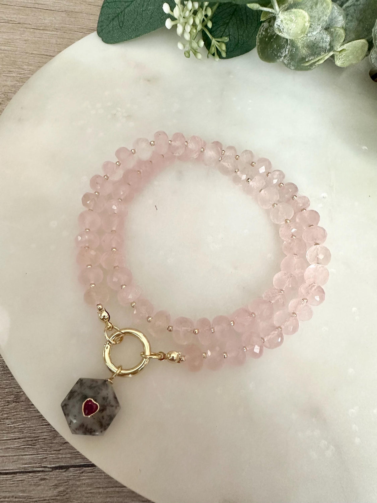 Rose Quartz Micro Faceted Necklace with Dendrite Opal Pendant, Gold Filled Crystal Necklace, Romantic Gemstone Jewelry