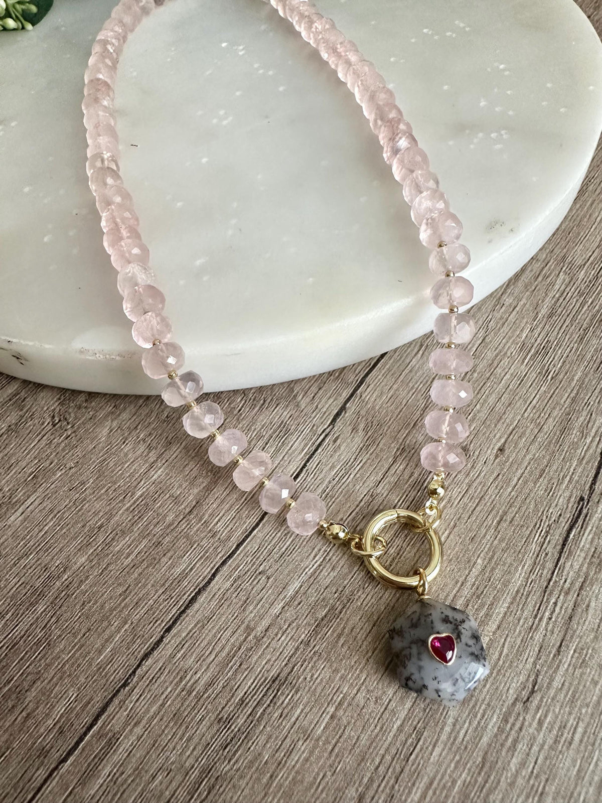 Rose Quartz Micro Faceted Necklace with Dendrite Opal Pendant, Gold Filled Crystal Necklace, Romantic Gemstone Jewelry