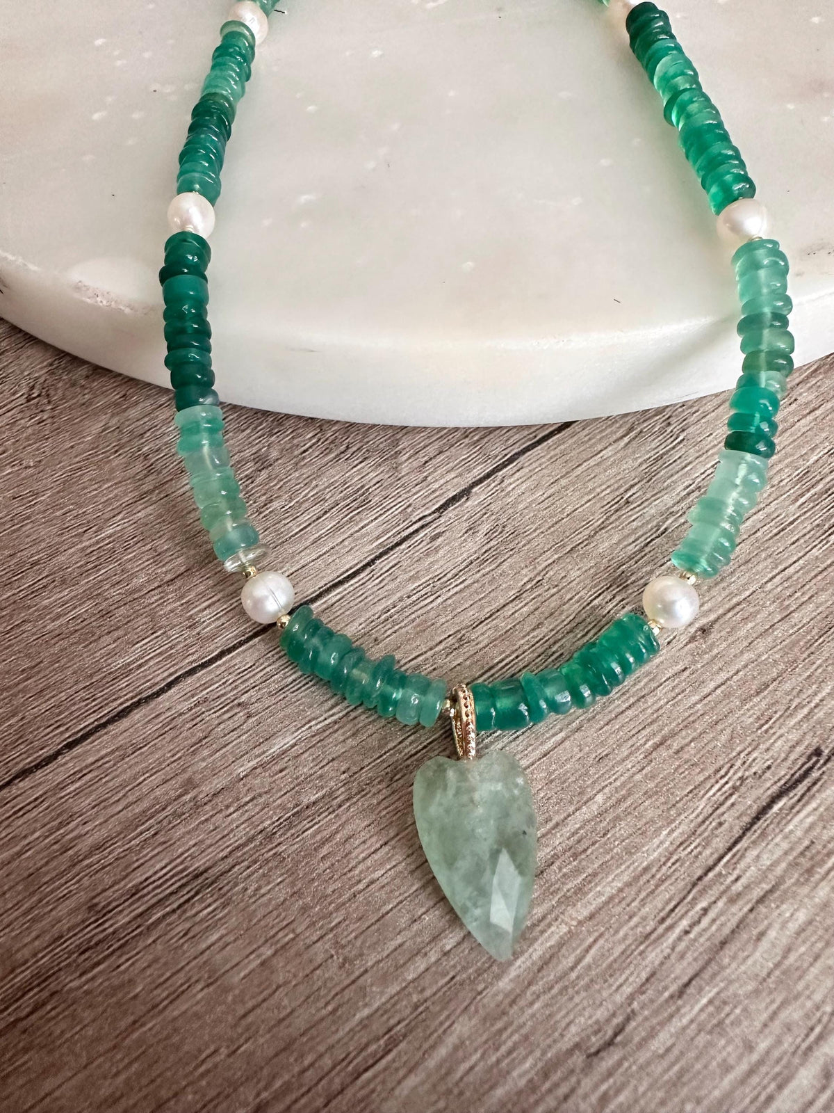 Natural Green Onyx Heishi Beaded Necklace with Freshwater Pearls and Aventurine Heart