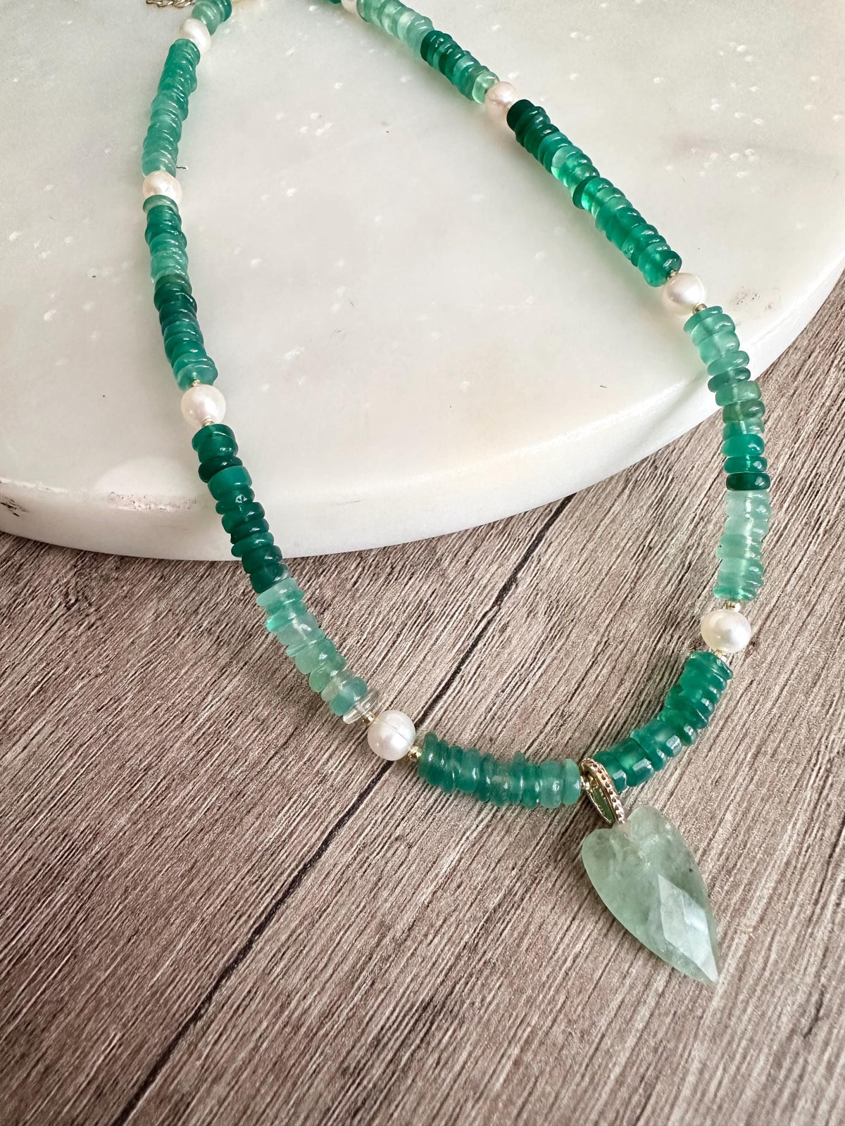Natural Green Onyx Heishi Beaded Necklace with Freshwater Pearls and Aventurine Heart