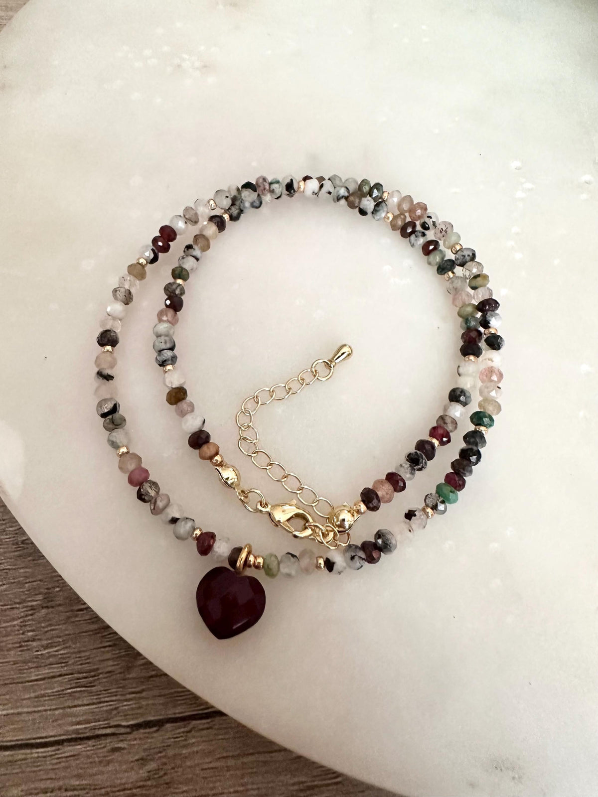 Garnet Heart Necklace, Multi Gemstone Beaded Necklace, Gold Filled Dainty Necklace, Valentine Gift, Handmade Jewelry