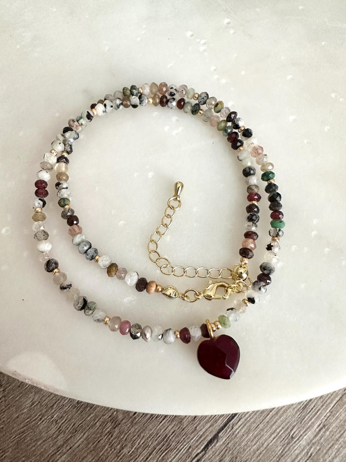 Garnet Heart Necklace, Multi Gemstone Beaded Necklace, Gold Filled Dainty Necklace, Valentine Gift, Handmade Jewelry