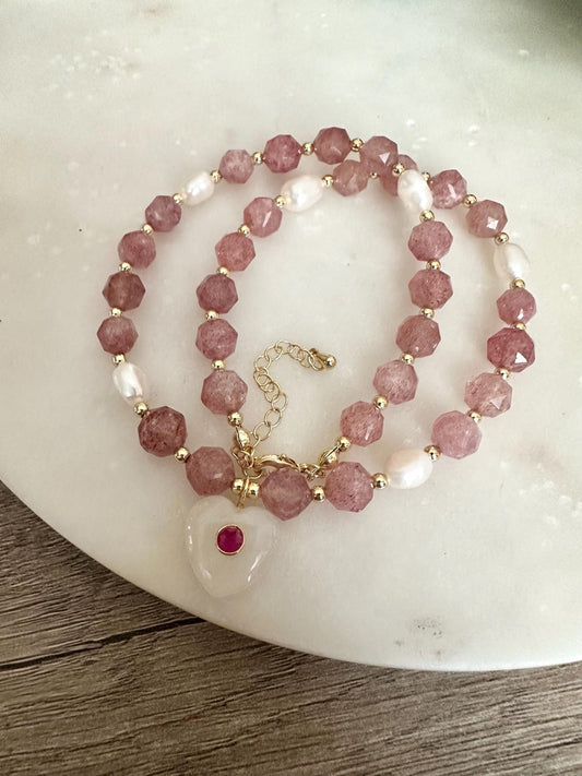 Natural Strawberry Quartz Necklace with Moonstone Heart Pendant, Freshwater Pearls, Gold Filled Jewelry