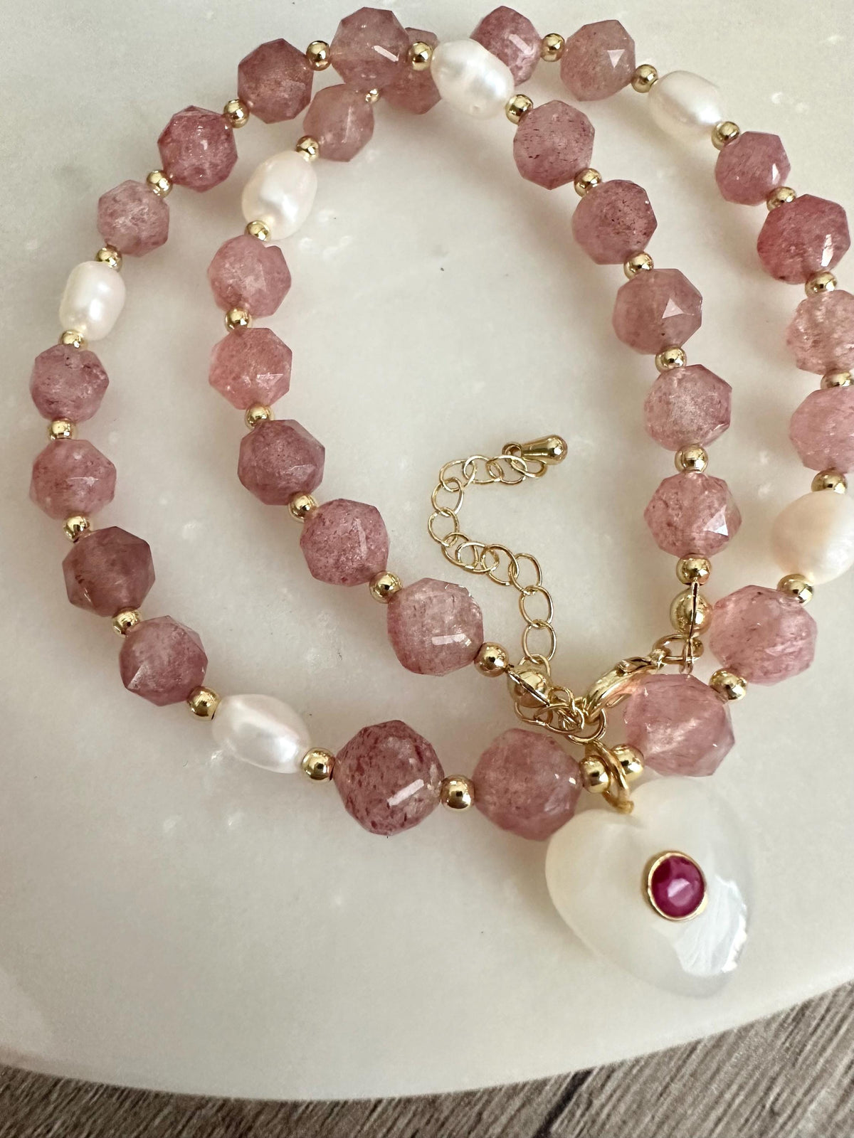 Natural Strawberry Quartz Necklace with Moonstone Heart Pendant, Freshwater Pearls, Gold Filled Jewelry