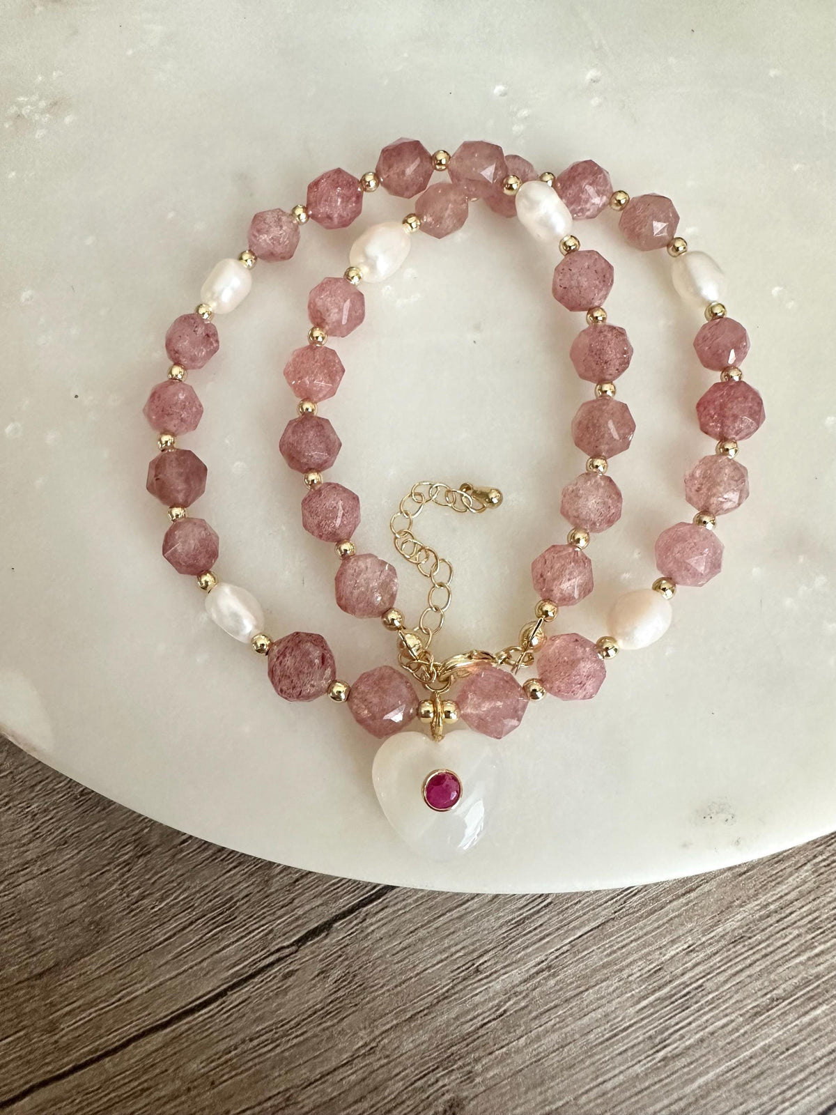 Natural Strawberry Quartz Necklace with Moonstone Heart Pendant, Freshwater Pearls, Gold Filled Jewelry
