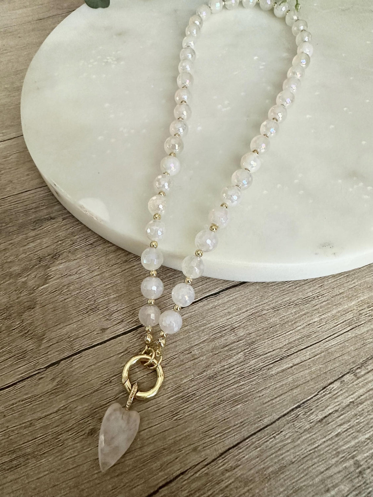 White Mystic Agate Beaded Necklace with Quartz Heart Pendant, Gold Filled 18” Romantic Gemstone Jewelry