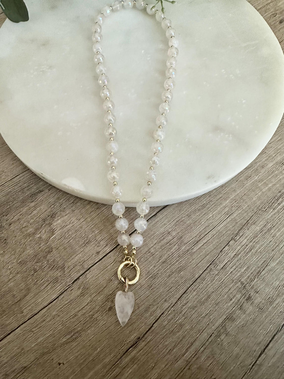 White Mystic Agate Beaded Necklace with Quartz Heart Pendant, Gold Filled 18” Romantic Gemstone Jewelry