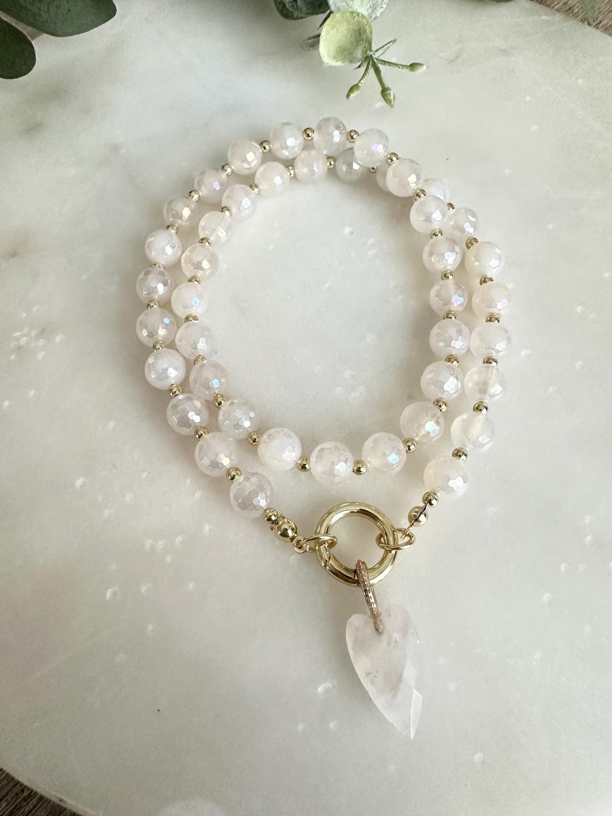 White Mystic Agate Beaded Necklace with Quartz Heart Pendant, Gold Filled 18” Romantic Gemstone Jewelry