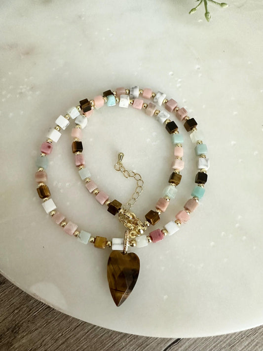 Tiger’s Eye Heart Necklace, Multi Gemstone Cube Beads, Gold Filled Necklace, Handmade Jewelry