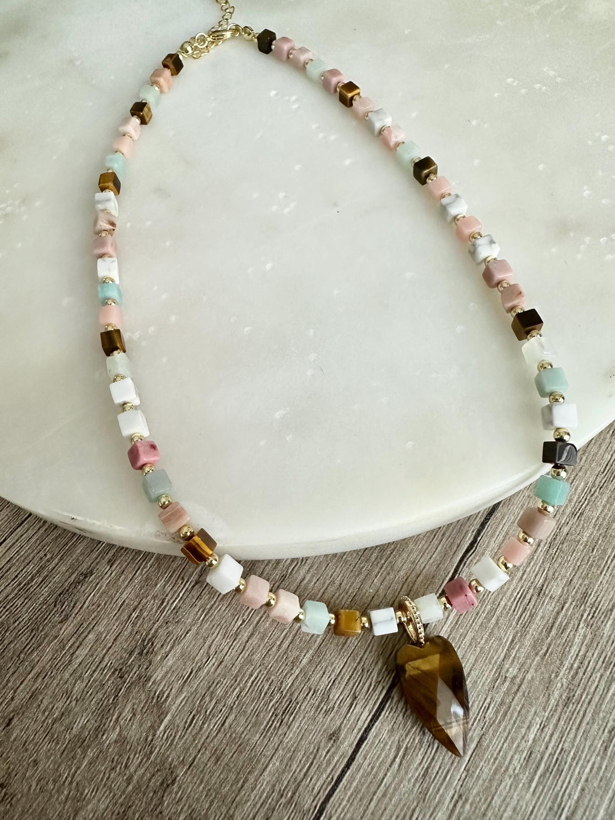 Tiger’s Eye Heart Necklace, Multi Gemstone Cube Beads, Gold Filled Necklace, Handmade Jewelry