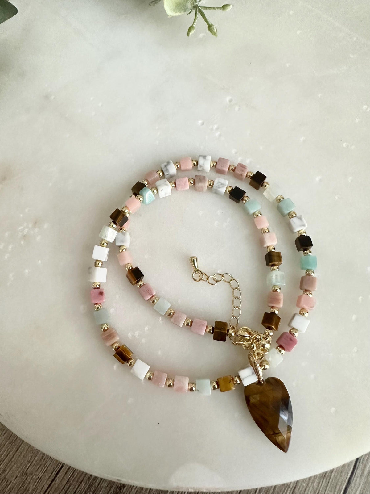 Tiger’s Eye Heart Necklace, Multi Gemstone Cube Beads, Gold Filled Necklace, Handmade Jewelry