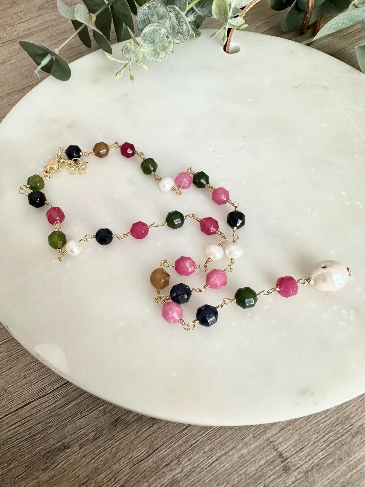 Multicolor Jade Lariat Necklace with Freshwater Pearls, Baroque Pearl Drop, Gold Necklace