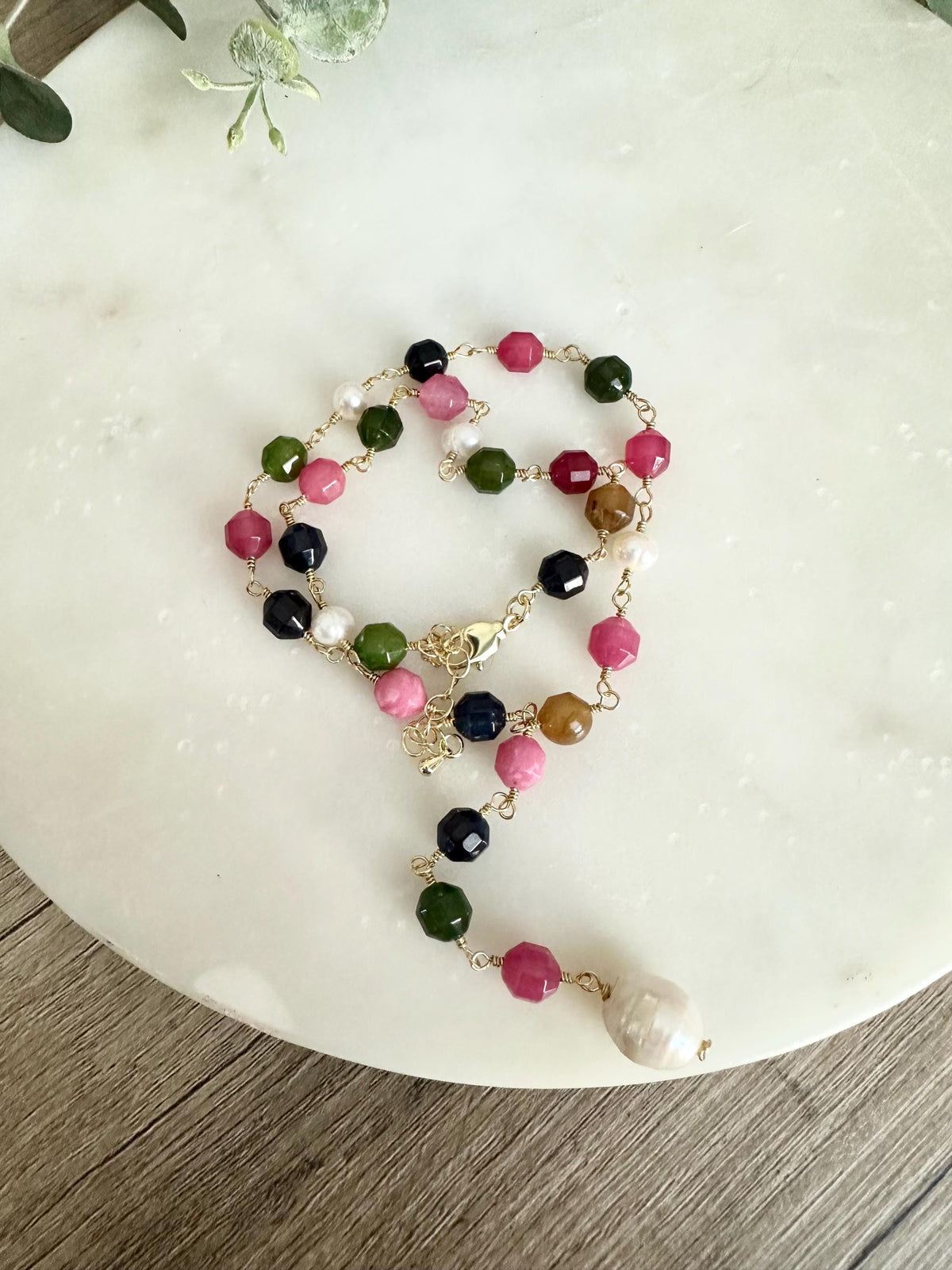 Multicolor Jade Lariat Necklace with Freshwater Pearls, Baroque Pearl Drop, Gold Necklace