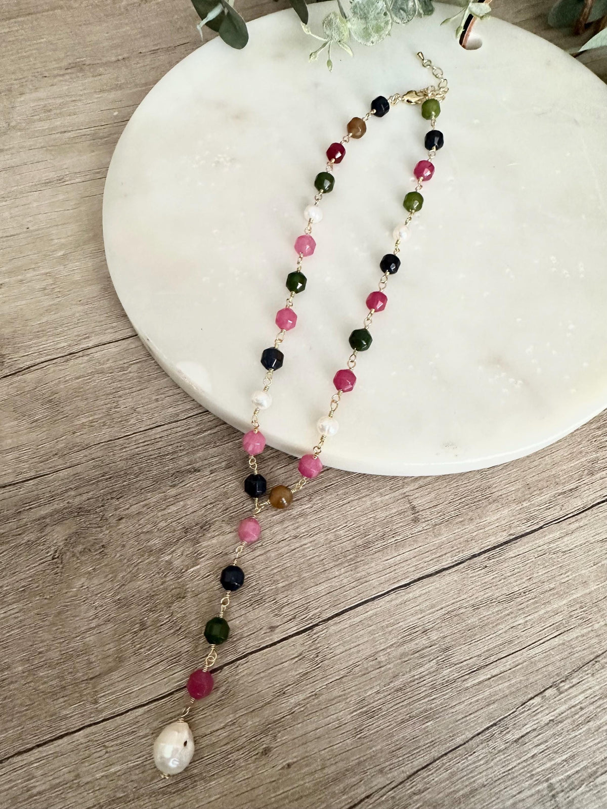 Multicolor Jade Lariat Necklace with Freshwater Pearls, Baroque Pearl Drop, Gold Necklace