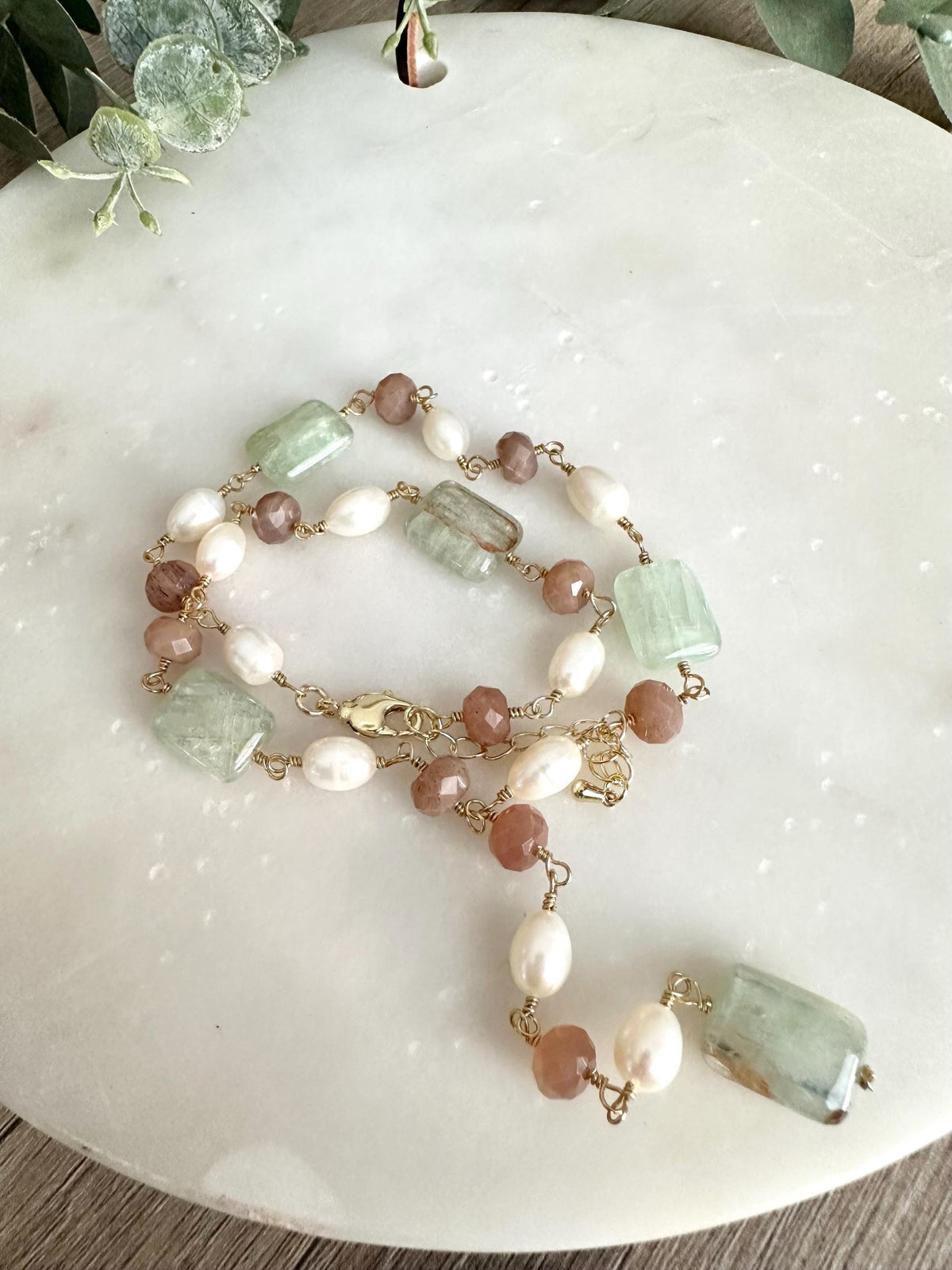 Peach Moonstone Lariat Necklace with Freshwater Pearls & Green Kyanite, Gold Necklace
