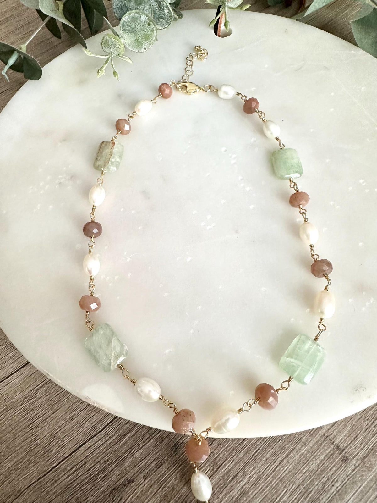 Peach Moonstone Lariat Necklace with Freshwater Pearls & Green Kyanite, Gold Necklace