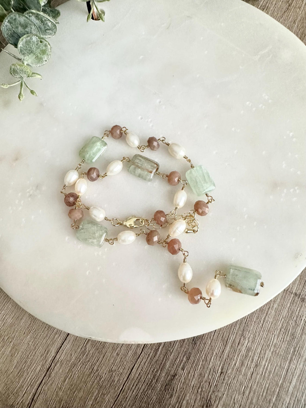 Peach Moonstone Lariat Necklace with Freshwater Pearls & Green Kyanite, Gold Necklace