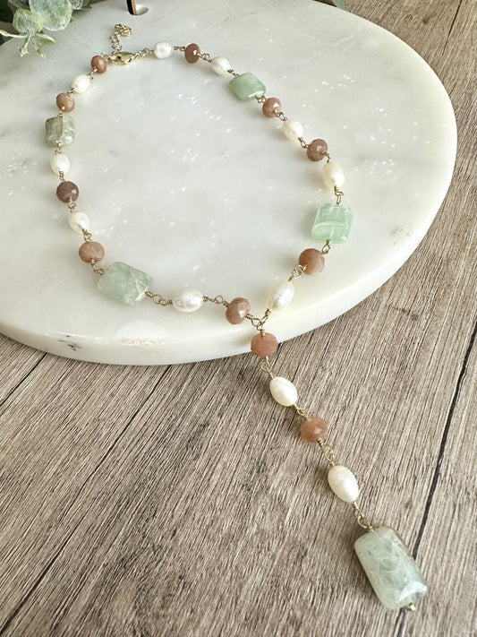 Peach Moonstone Lariat Necklace with Freshwater Pearls & Green Kyanite, Gold Necklace