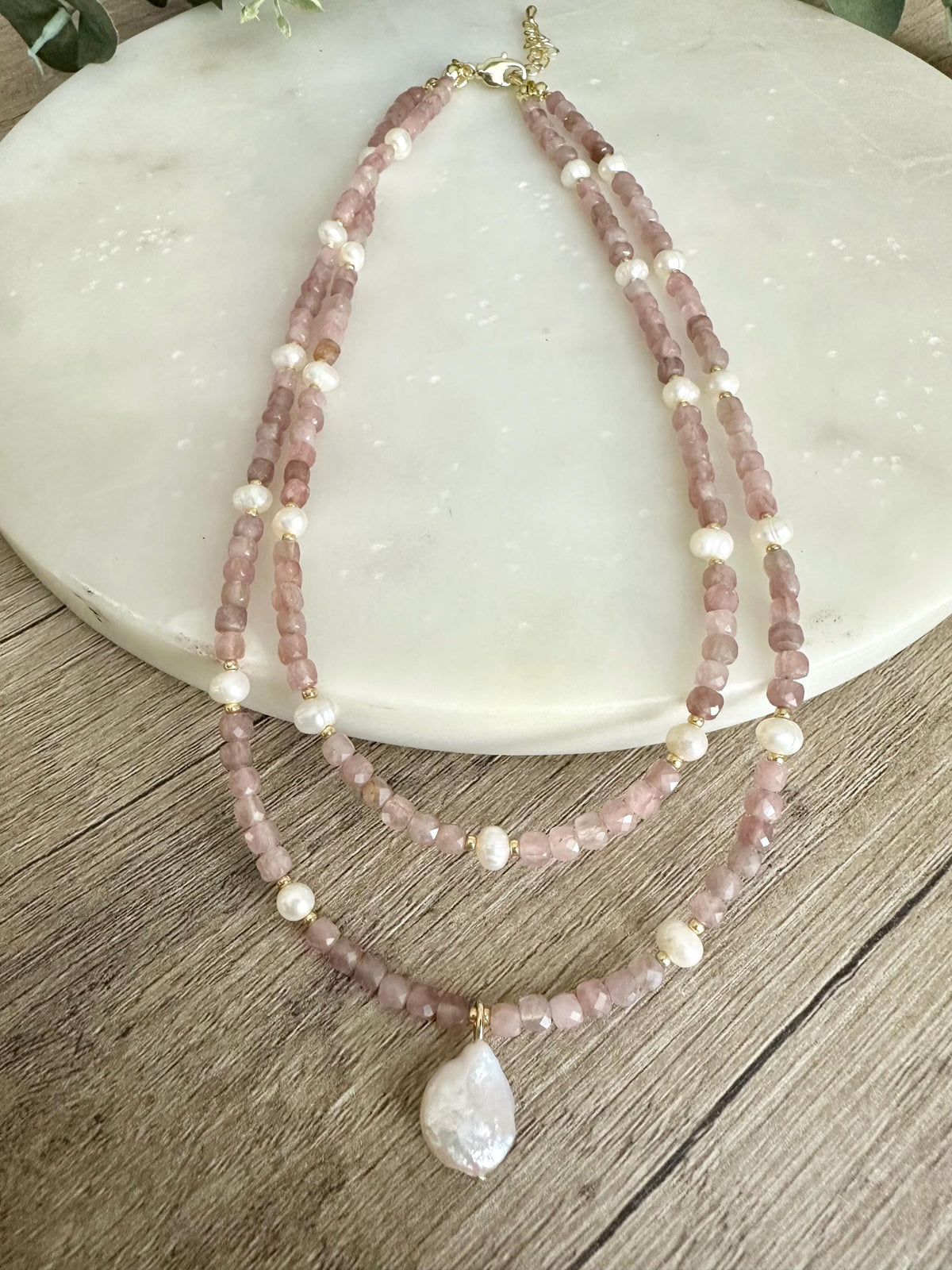 Double Strand Rose Quartz Necklace with Freshwater Pearls & Baroque Pearl Pendant