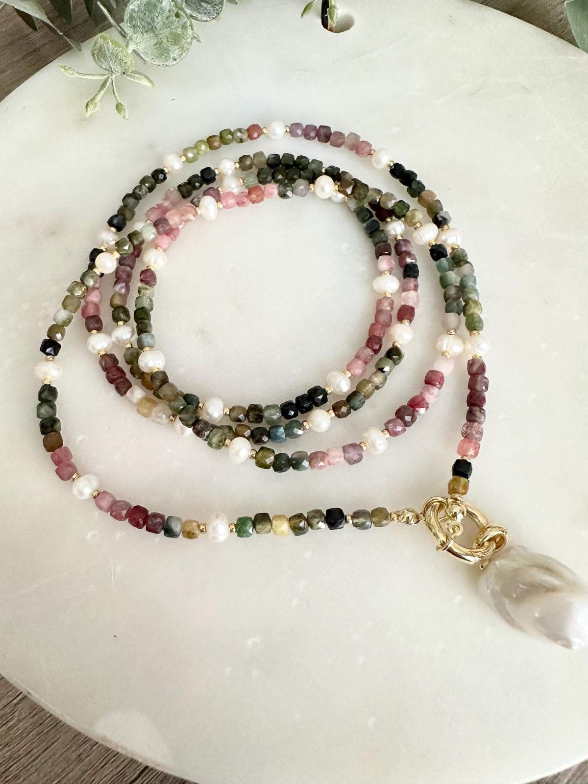 Tourmaline Wrap Necklace with Freshwater Pearls & Baroque Pearl Pendant