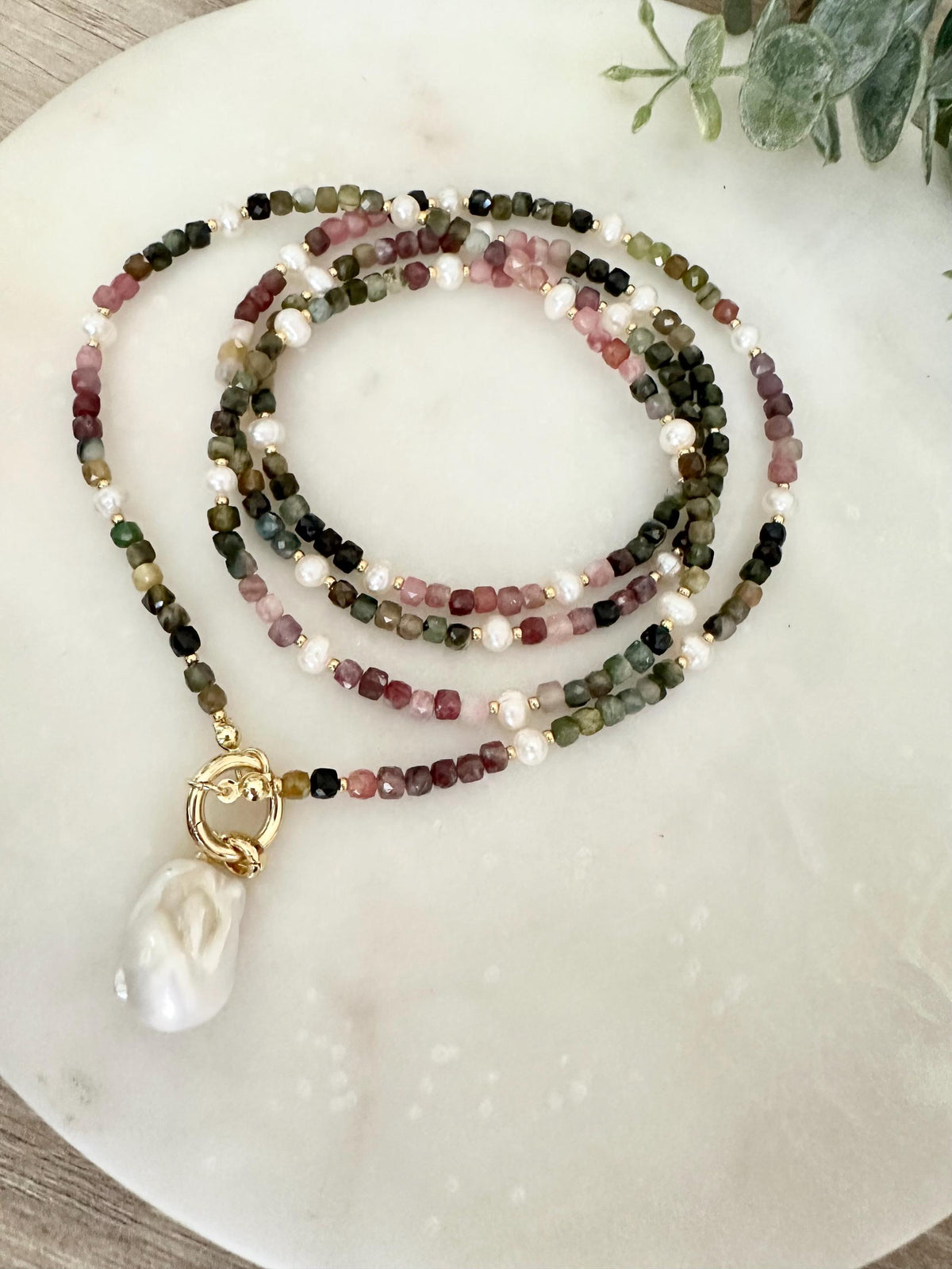 Tourmaline Wrap Necklace with Freshwater Pearls & Baroque Pearl Pendant