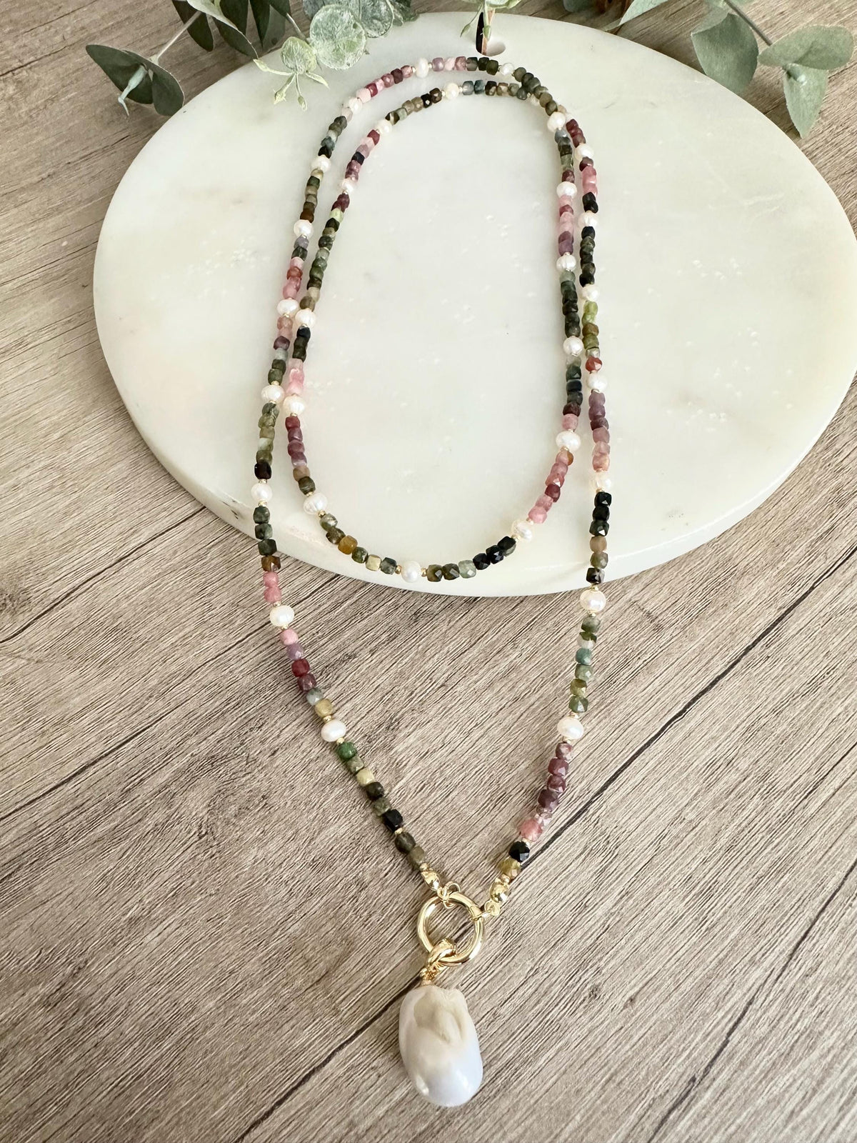 Tourmaline Wrap Necklace with Freshwater Pearls & Baroque Pearl Pendant